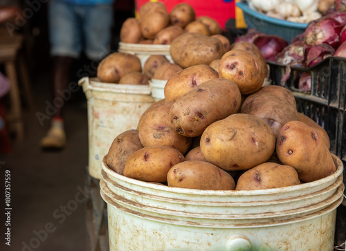 Bucket of Fresh Potatoes(Solanum tuberosum)on Sale at a Kenyan Market
A bucket filled with fresh potatoes displayed for sale at a local Kenyan market, highlighting farm-fresh produce