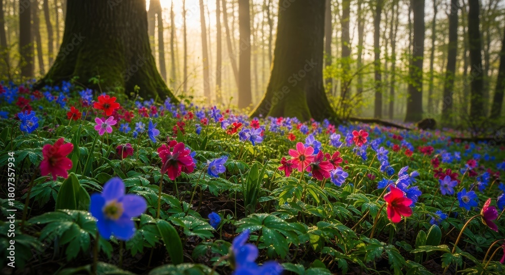 Fototapeta premium Floral Bloom in Forest Glade - Vibrant wildflowers carpet the forest floor, illuminated by soft sunlight filtering through the trees, creating a peaceful natural scene