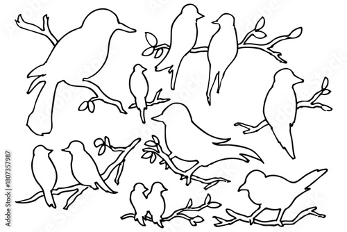 木の枝に止まる鳥のシルエット・線画イラスト｜自然と野生動物のデザイン素材