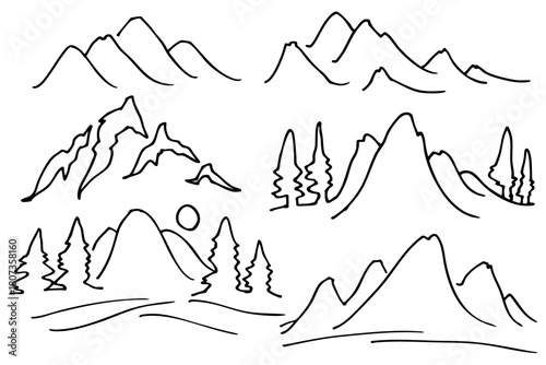 手描きの山のシルエット・線画イラスト｜ミニマルな自然風景デザイン