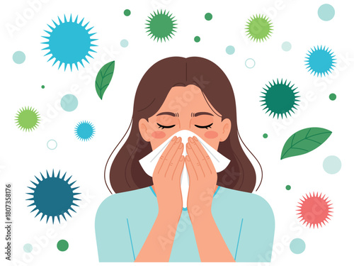 A woman is sneezing into a tissue, surrounded by airborne allergens and germs.