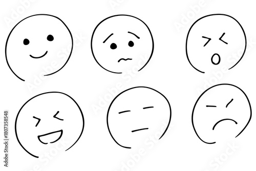 手描き顔文字セット｜表情アイコンの線画イラストコレクション