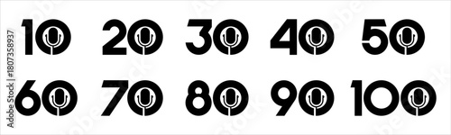 Set of collection numbers 10 to 100 with mic elements vector illustration. Mic podcast elements with numbers 10, 20, 30, 40, 50, 60, 70, 80, 90, 100 for greetings, anniversaries and more.