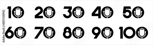 Set of collection numbers 10 to 100 with mic elements vector illustration. Mic podcast elements with numbers 10, 20, 30, 40, 50, 60, 70, 80, 90, 100 for greetings, anniversaries and more.