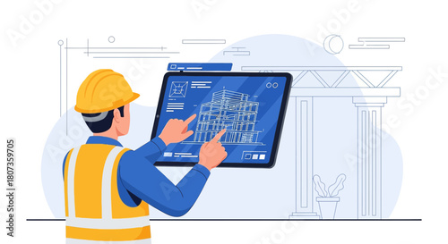 Architect interacting with building plan on digital tablet for architectural visualization and