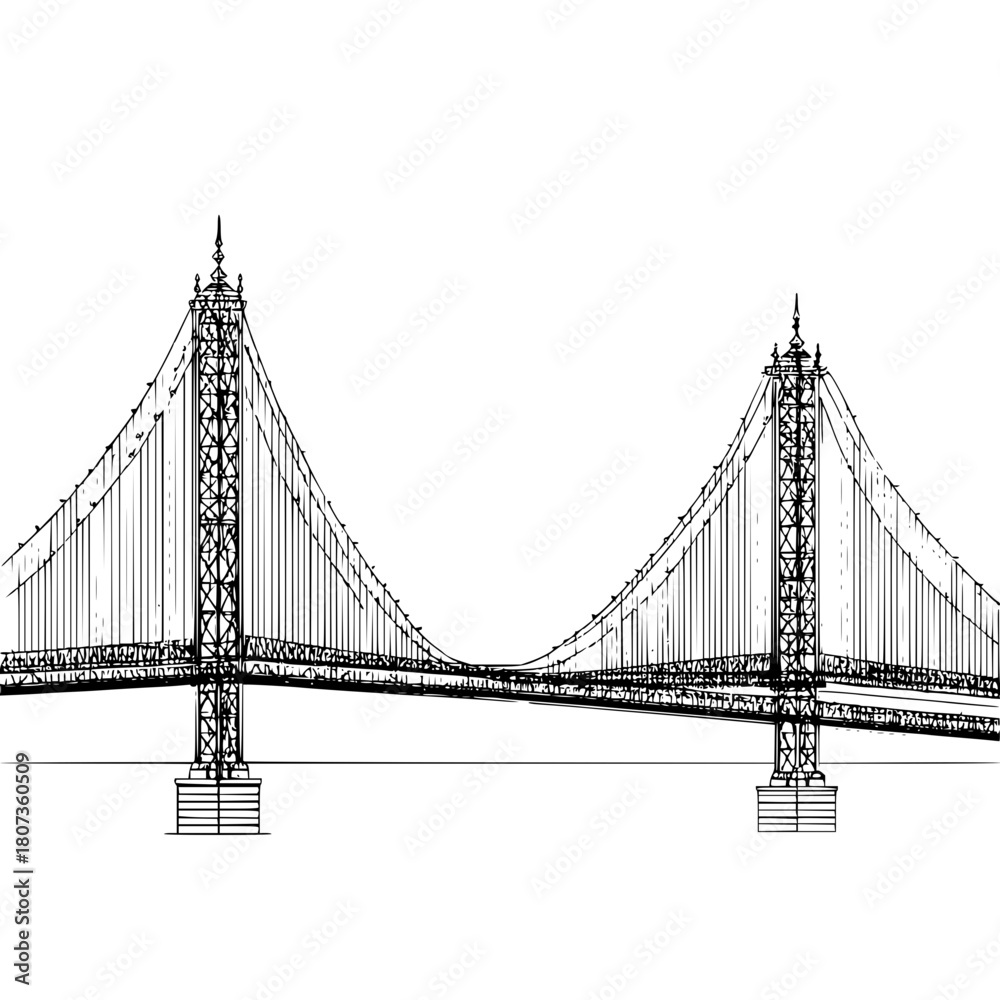 Obraz premium Hand drawn sketch of a suspension bridge isolated on