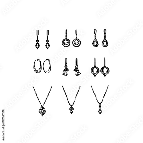 Elegant jewelry collection isolated on, earrings and necklaces