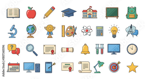 Diverse collection of educational icons representing various school subjects and tools illustration
