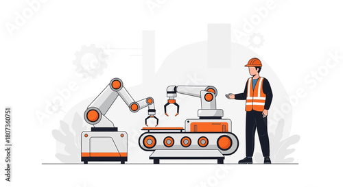 Automated future modern factory illustration with robotic arms and engineer supervision