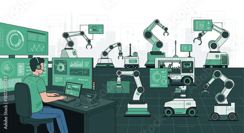 Automated industrial factory line with robotic arms and an operator monitoring the process