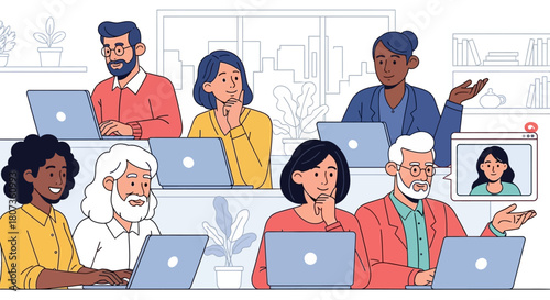 Diverse group of professionals collaborating virtually during an online meeting or webinar session