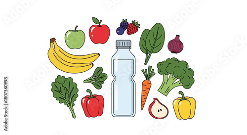 Colorful cartoon illustration showcases healthy eating habits with assorted fresh produce and water