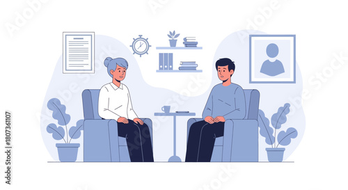 Illustration of a therapy session with a therapist and a patient discussing issues