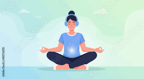 Illustration of a woman in lotus position listening to music for relaxation and well being