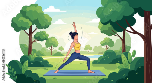 Woman Practicing Yoga in a Serene Park Setting Under a Sunny Sky  peacefully
