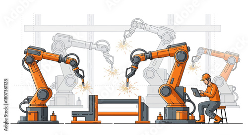 Automated industrial robotic welding arms and technician supervising at manufacturing factory