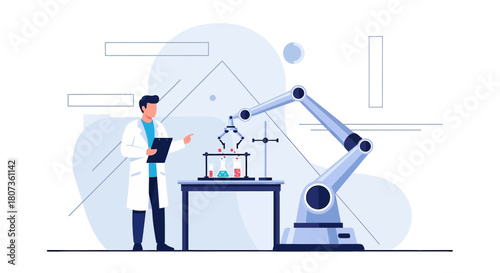 Automated laboratory innovation showcasing robotic arm assisted chemical research setup