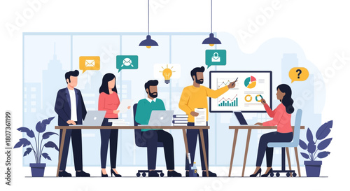 Teamwork and collaboration displayed in a business meeting presentation illustration in modern