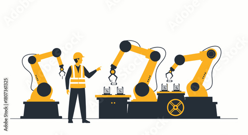 Automated manufacturing process with worker observing robotic arm operation concept