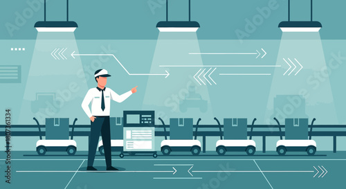 Automated manufacturing process with technician overseeing automated conveyor system efficiency