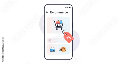 Smartphone display illustrating e-commerce platform with shopping cart and discount tag  providing
