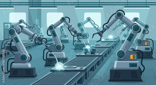 Automated production line with robotic arms performing welding operations in a factory setting