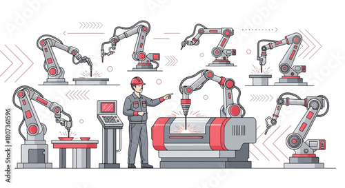 Automated robotic arms system controlled by an engineer in industrial manufacturing line process