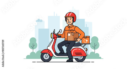 Delivery service illustration with a courier on a scooter navigating the urban landscape for