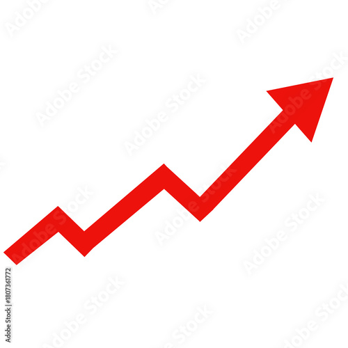 Ascending jagged red arrow symbolizing growth and progress pointing upwards on black, isolated on transparent background