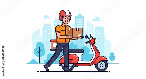 Delivery courier with package box in hand next to the scooter with city background ready to