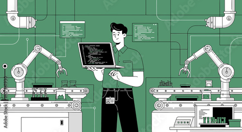 Automation engineer with laptop controlling robotic arms in modern factory environment