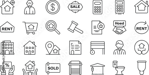 Real estate icon set, property and housing symbols, rental and sales outline graphics for agents, mortgage services, investment, business, and home management