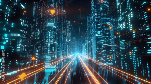“Futuristic big-data technology cityscape with tall skyscrapers, glowing particle codes, luminous data streams, and fiber-optic light trails symbolizing advanced organizational digital systems.”