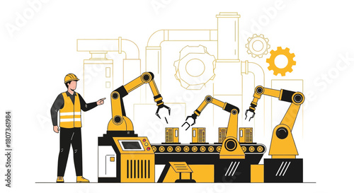 Automation in modern manufacturing with robotic arms and human oversight represented in graphic