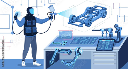 Automotive engineering illustration showcasing vehicle design and customization process