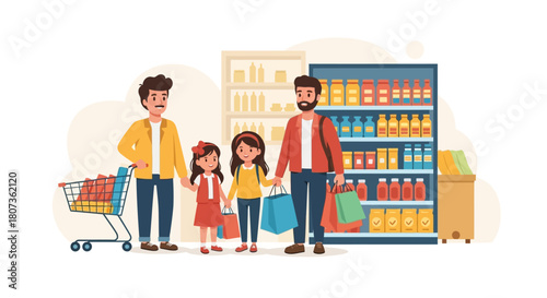 Cartoon family shopping for groceries together with love and happiness at supermarket
