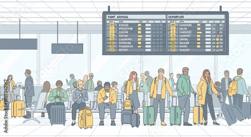 Stylized illustration depicting passengers waiting in an airport terminal near flight arrival and