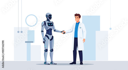 Collaboration in healthcare: A robot and a doctor shake hands, representing the future of medicine
