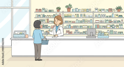 Woman Purchasing Medication from Pharmacist at Pharmacy Store Illustration Design
