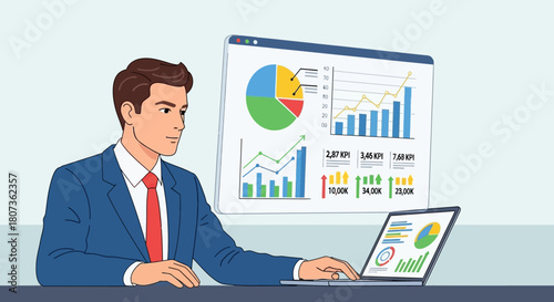 Man in suit analyzing financial data and growth charts on laptop screen and monitor