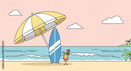 Cartoon beach scene with umbrella surfboard and cocktail featuring summer relaxation