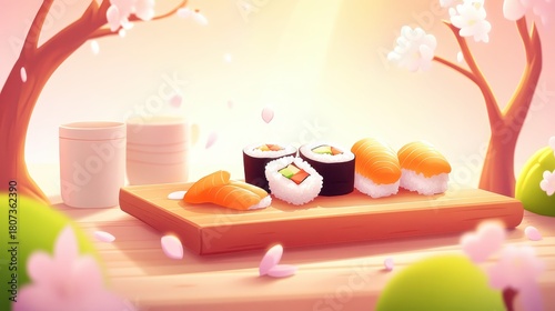 Sushi rolls beautifully arranged on a wooden board in soft light