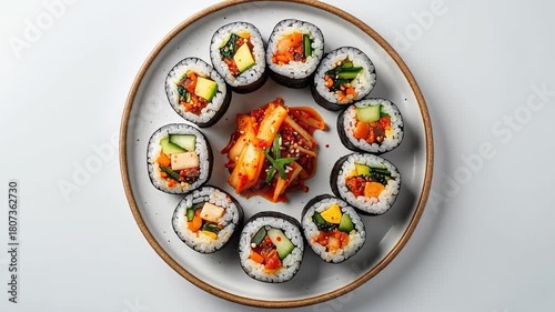 Top View Korean Gimbap with Kimchi on White Background