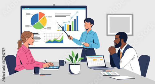 Diverse team collaborating on data analysis and strategic planning in a business setting