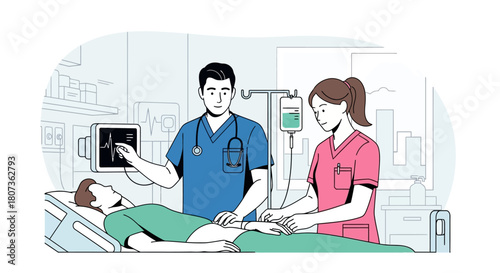 Medical team taking care of patient in hospital emergency room illustration