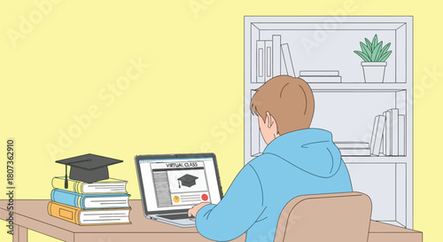Online education concept illustration with student attending a virtual class at home studying on a