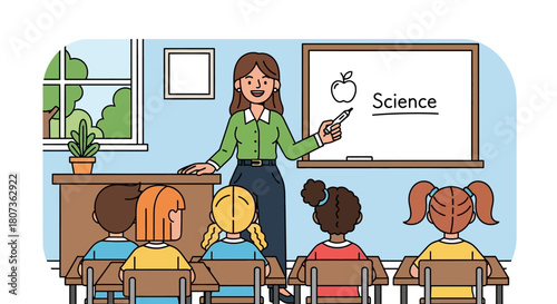 Charming illustration of a teacher imparting science knowledge to a class of attentive students in