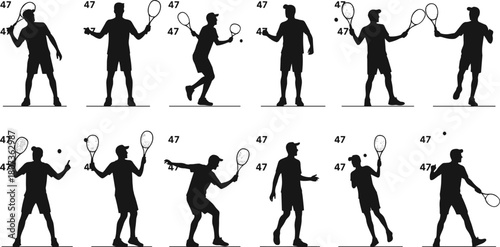 Tennis silhouettes, racket poses, black vector, sports action, dynamic movement, athlete icon, minimal style, court design, graphic set, performance art