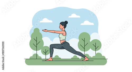 Illustration of woman performing yoga outdoors with trees and sky background vector