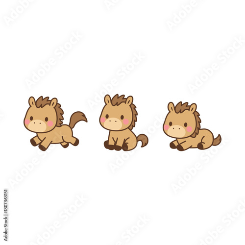 Cute kawaii horse running, sitting and lying down cartoon collection, vector illustration